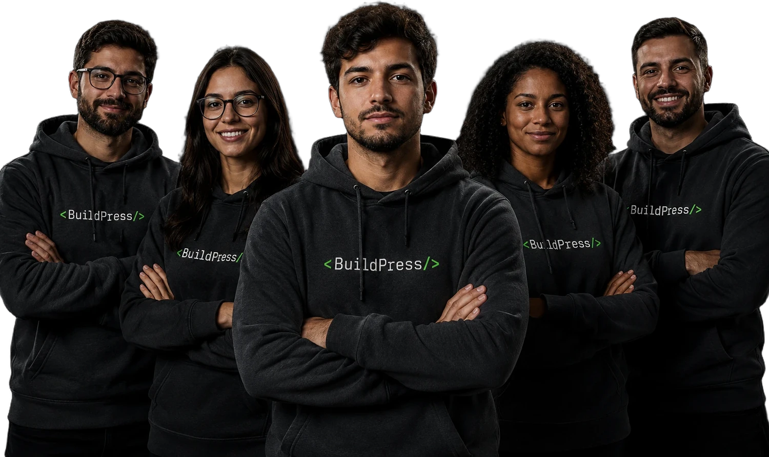 Time de devs e designers da BuildPress: cinco especialistas com moletons da marca